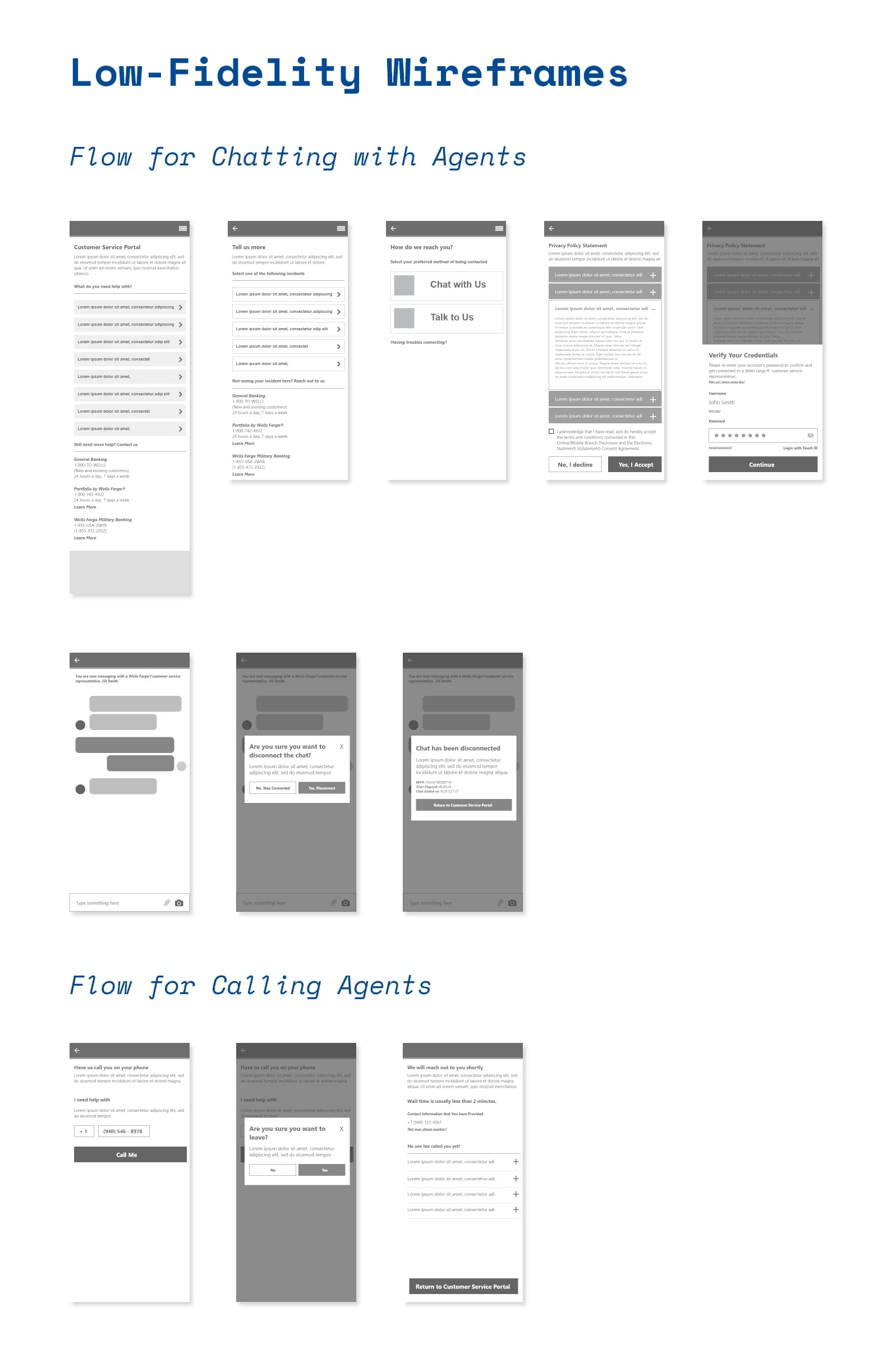 Low-fidelity wireframes: the chat-with-agent and call-an-agent flows, sketched end to end.
