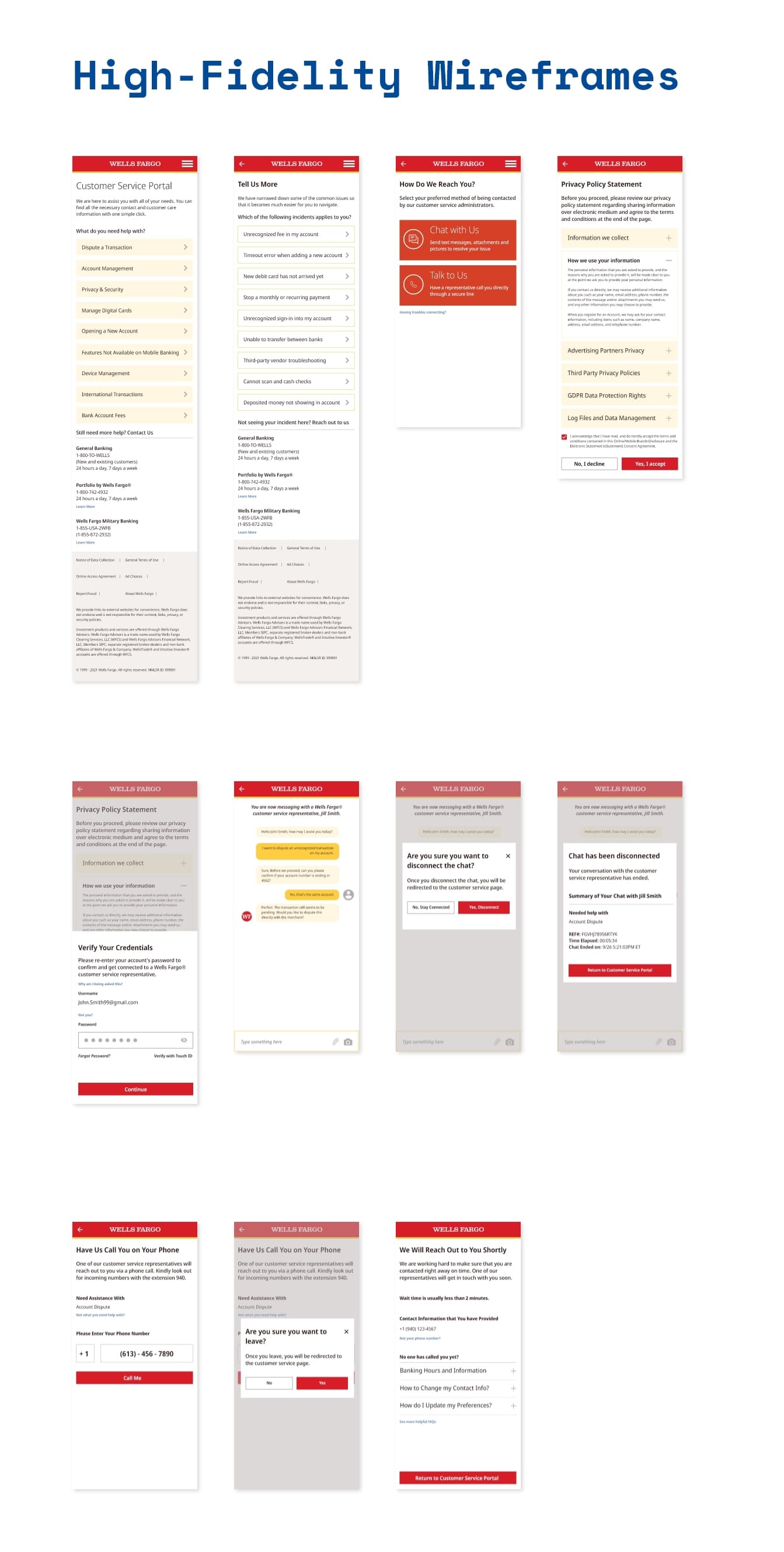 High-fidelity wireframes: the customer service portal, issue triage, and consent screens.