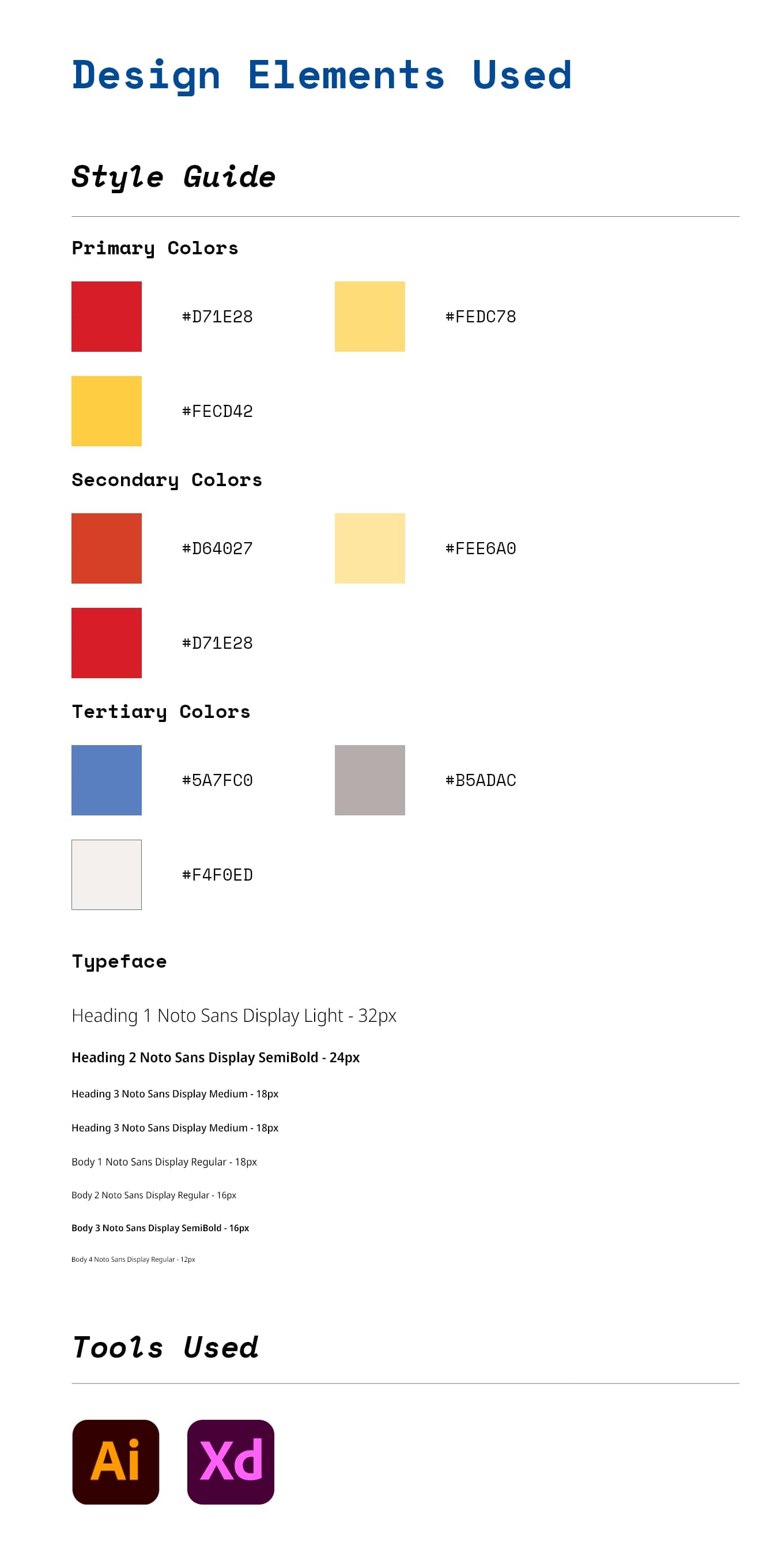 Style guide: the color system, typography, and tools used to design the concept.